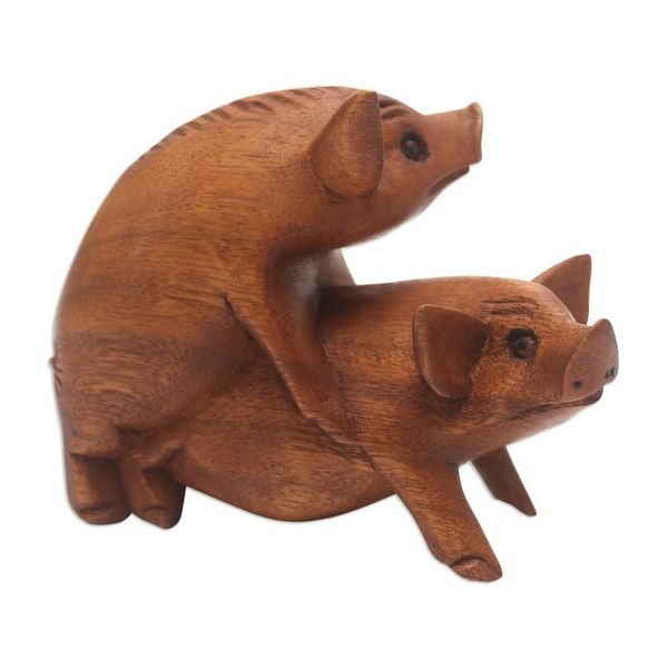 Alternate image for Hand Carved Suar Wood Pig Statuette Honeymoon Pigs