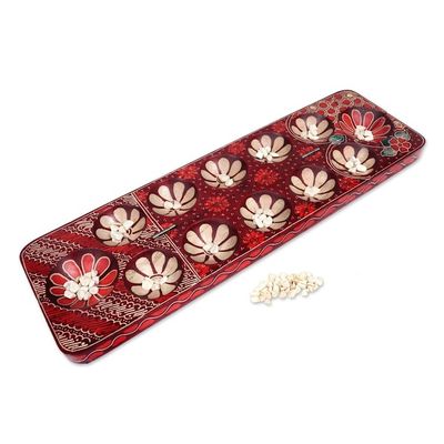 Alternate image for Batik Wood Mancala Game Handcrafted with Red Tones Cunning Red Flowers