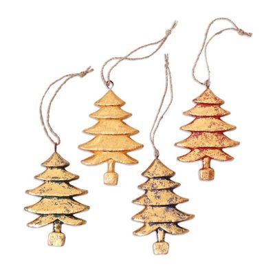 Alternate image for Four Gold Tone Albesia Wood Tree Ornaments from Bali Golden Trees