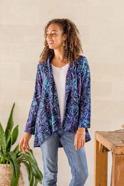 Alternate image for Black and Royal Blue Floral Batik Long Kimono Jacket Batik Garden