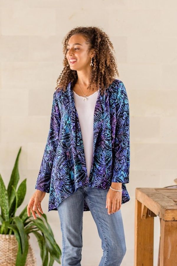 Alternate image for Black and Royal Blue Floral Batik Long Kimono Jacket Batik Garden