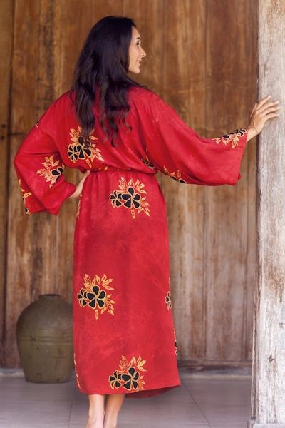 Alternate image for Hand Made Batik Robe from Indonesia Hibiscus Red