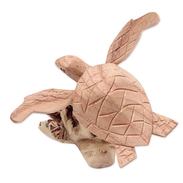 Alternate image for Jempinis and Benalu Wood Sea Turtle Figurine from Bali Swimming Turtle