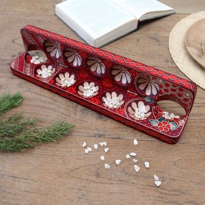 Alternate image for Batik Wood Mancala Game Handcrafted with Red Tones Cunning Red Flowers