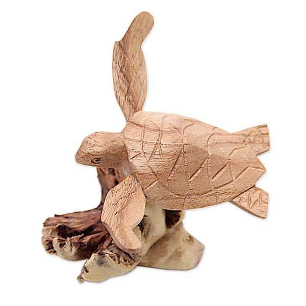 Alternate image for Jempinis and Benalu Wood Sea Turtle Figurine from Bali Swimming Turtle