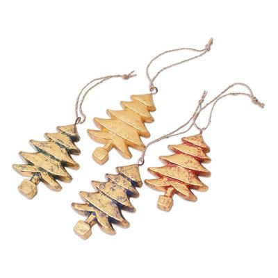 Alternate image for Four Gold Tone Albesia Wood Tree Ornaments from Bali Golden Trees