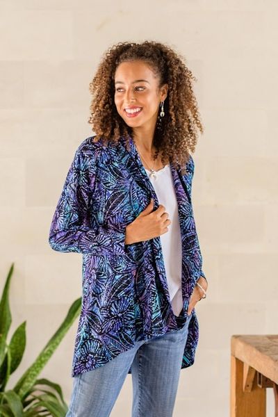 Alternate image for Black and Royal Blue Floral Batik Long Kimono Jacket Batik Garden