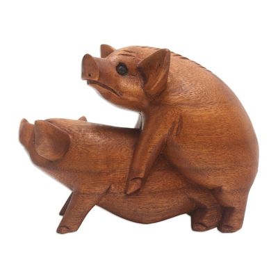 Alternate image for Hand Carved Suar Wood Pig Statuette Honeymoon Pigs