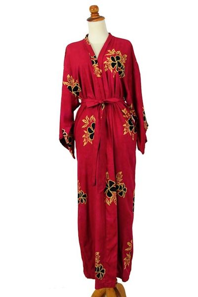 Alternate image for Hand Made Batik Robe from Indonesia Hibiscus Red