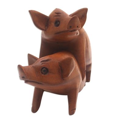Alternate image for Hand Carved Suar Wood Pig Statuette Honeymoon Pigs