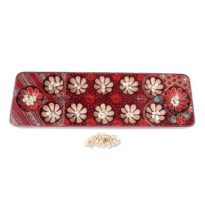 Alternate image for Batik Wood Mancala Game Handcrafted with Red Tones Cunning Red Flowers