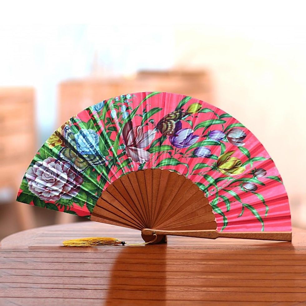 Floral Silk Hand Fan in Strawberry from Bali 'Passionate Garden'