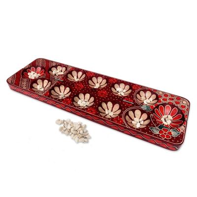 Alternate image for Batik Wood Mancala Game Handcrafted with Red Tones Cunning Red Flowers