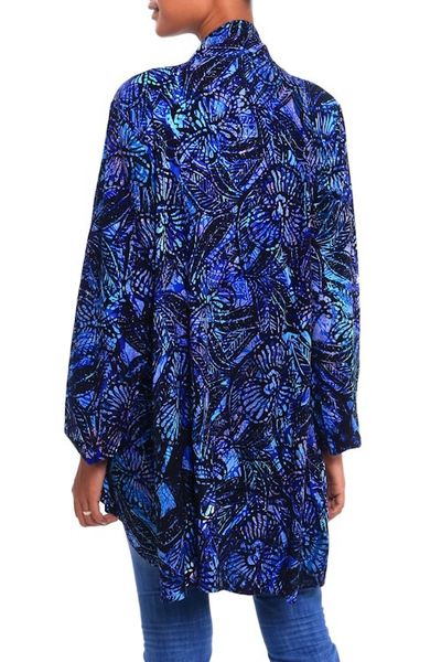 Alternate image for Black and Royal Blue Floral Batik Long Kimono Jacket Batik Garden