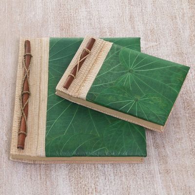 Alternate image for Handcrafted Pair of Rice Paper Notebooks from Indonesia Autumn Spirit in Green