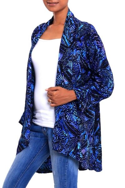 Alternate image for Black and Royal Blue Floral Batik Long Kimono Jacket Batik Garden