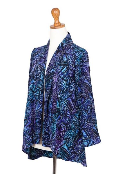 Alternate image for Black and Royal Blue Floral Batik Long Kimono Jacket Batik Garden