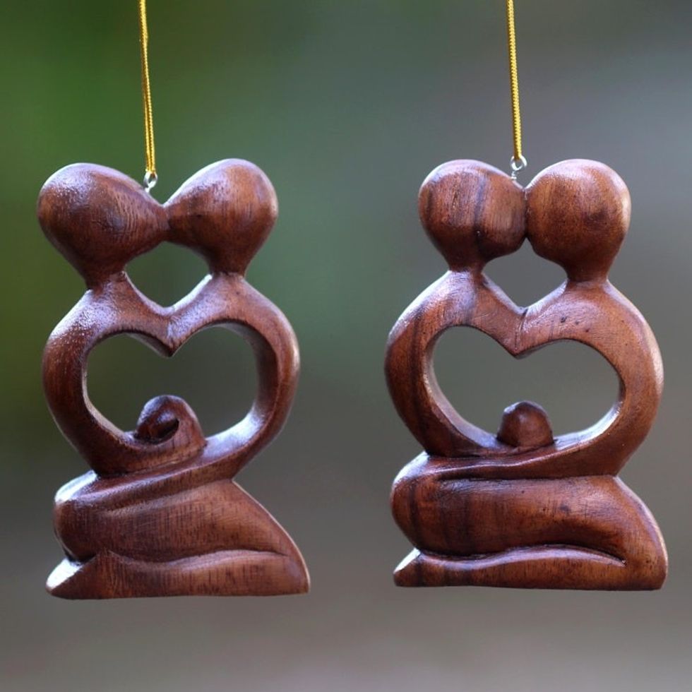 Two Heart Ornaments of Couple Kissing Hand Carved of Wood 'Forever Together'