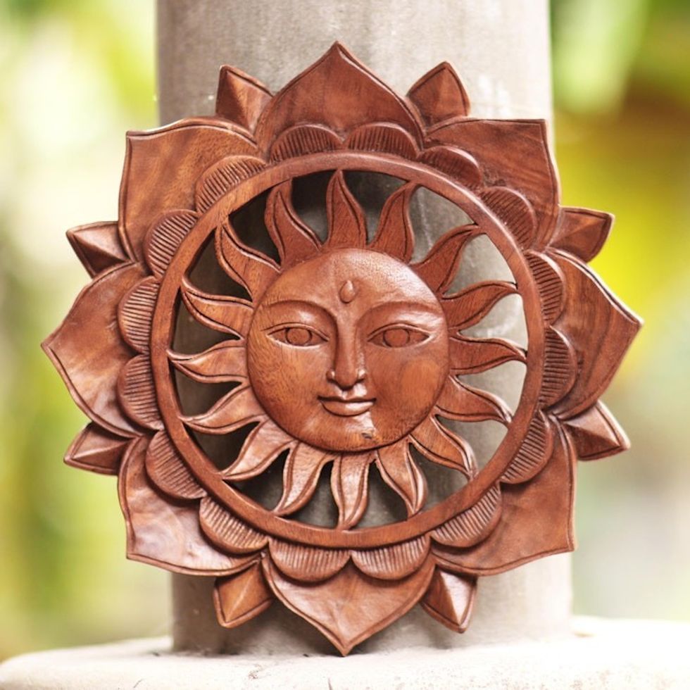 Floral Sun-Themed Suar Wood Relief Panel from Bali 'Sun Flower'