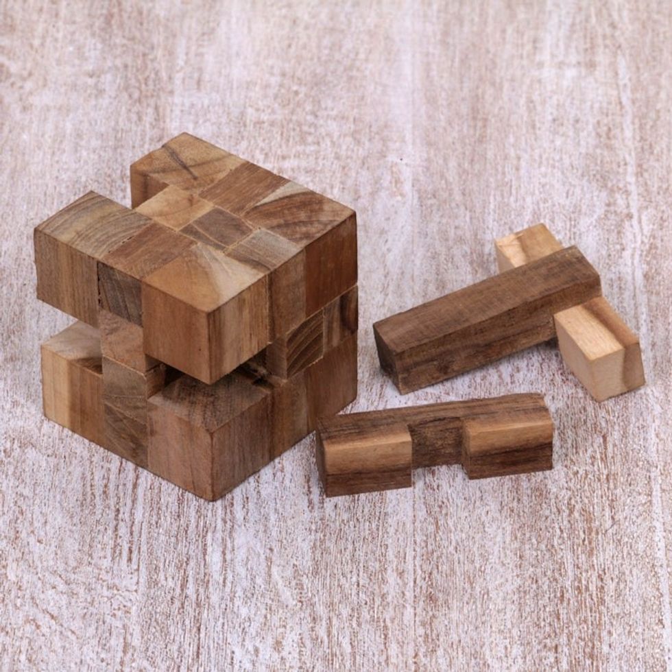 Reclaimed Teak Wood Puzzle Cube from Bali 'Cube Quiz'