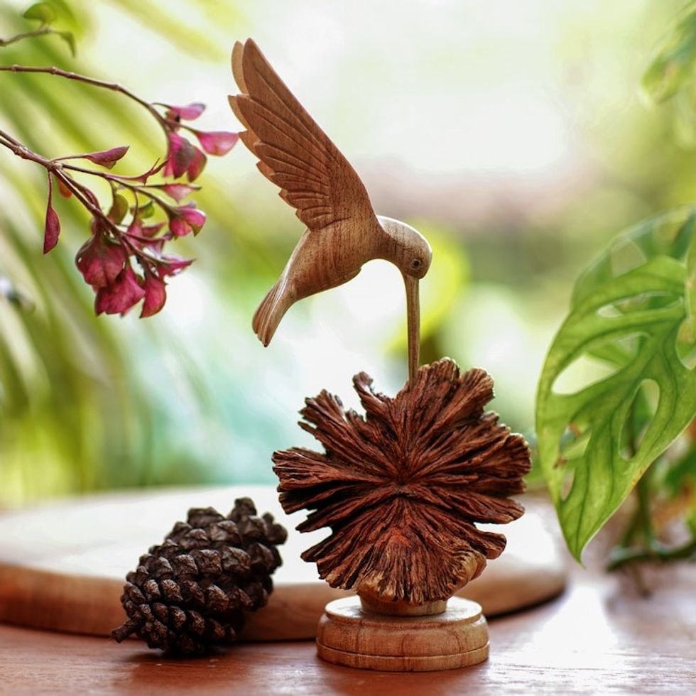 Jempinis Wood Hummingbird Sculpture from Bali 'Feasting Hummingbird'