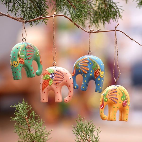 Alternate image for Handcrafted Multicolor Elephant Wood Ornaments Set of 4 Sweet Trunks