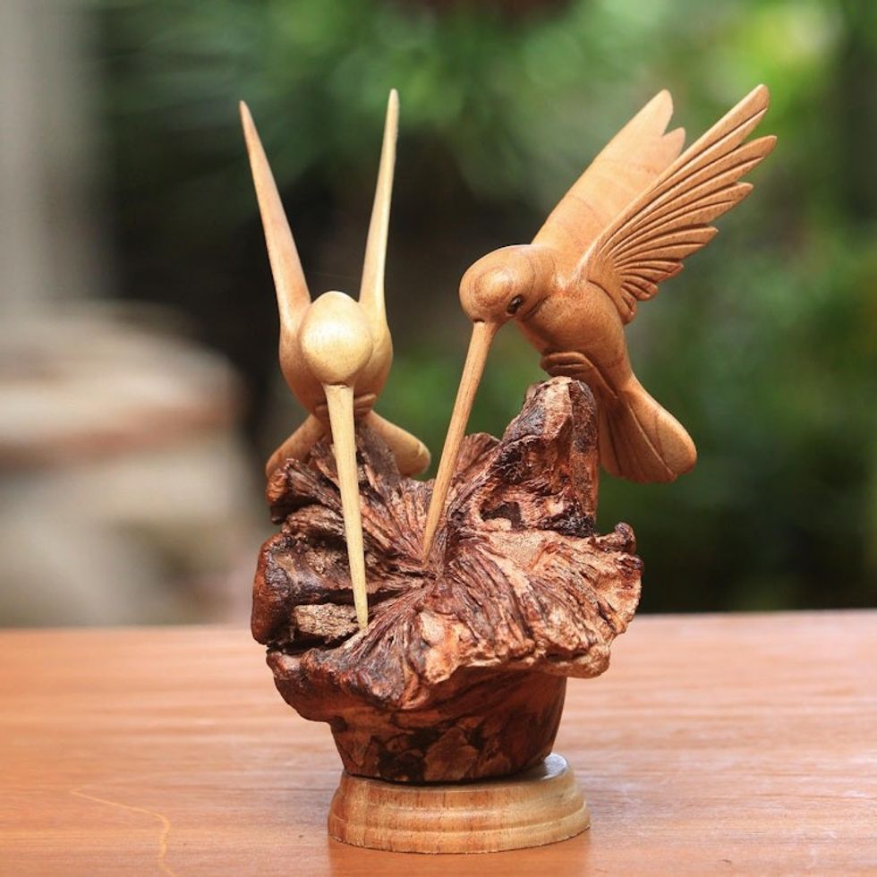 Hand Carved Jempinis Wood Hummingbird Sculpture from Bali 'Hummingbird Couple'