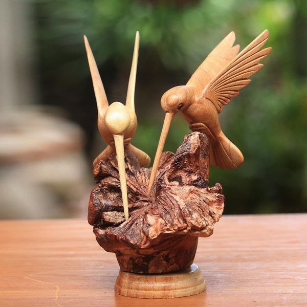 Alternate image for Hand Carved Jempinis Wood Hummingbird Sculpture from Bali Hummingbird Couple