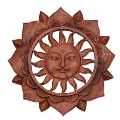 Alternate image for Floral Sun-Themed Suar Wood Relief Panel from Bali Sun Flower