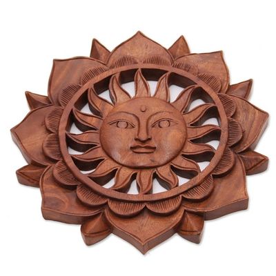 Alternate image for Floral Sun-Themed Suar Wood Relief Panel from Bali Sun Flower