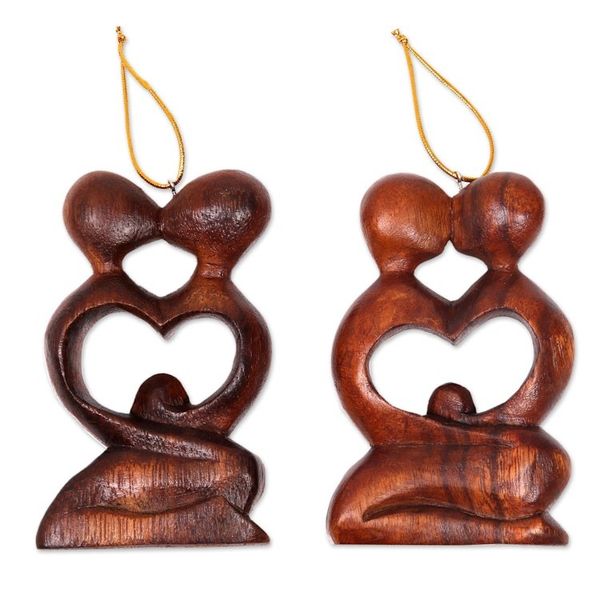 Alternate image for Two Heart Ornaments of Couple Kissing Hand Carved of Wood Forever Together