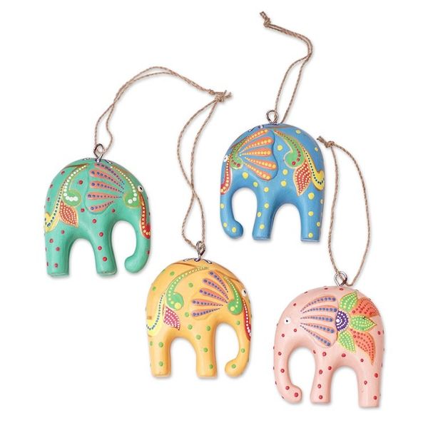 Alternate image for Handcrafted Multicolor Elephant Wood Ornaments Set of 4 Sweet Trunks