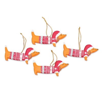 Alternate image for 4 Hand-Painted Wood Dachshund Dog Christmas Ornaments Merry Dachshunds