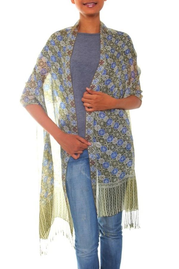 Alternate image for Handcrafted Batik Silk Patterned Shawl Floral Stars