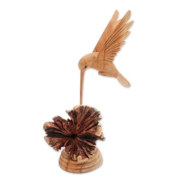 Alternate image for Jempinis Wood Hummingbird Sculpture from Bali Feasting Hummingbird