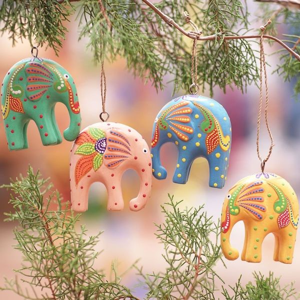 Alternate image for Handcrafted Multicolor Elephant Wood Ornaments Set of 4 Sweet Trunks