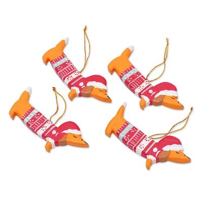 Alternate image for 4 Hand-Painted Wood Dachshund Dog Christmas Ornaments Merry Dachshunds