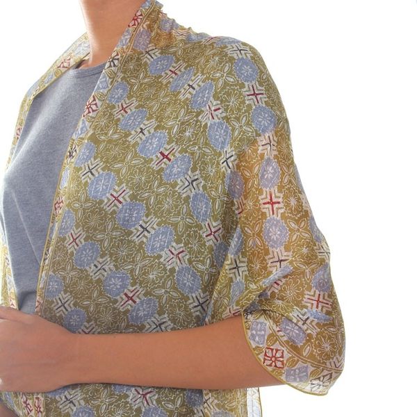 Alternate image for Handcrafted Batik Silk Patterned Shawl Floral Stars