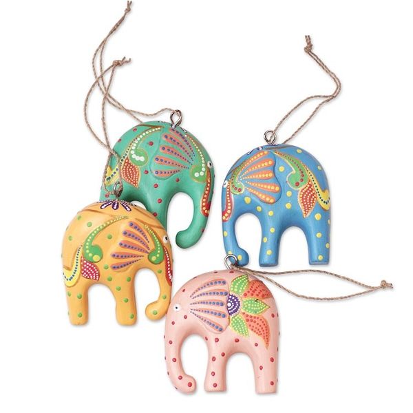 Alternate image for Handcrafted Multicolor Elephant Wood Ornaments Set of 4 Sweet Trunks