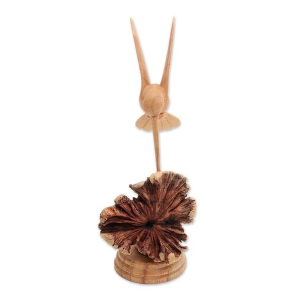 Alternate image for Jempinis Wood Hummingbird Sculpture from Bali Feasting Hummingbird