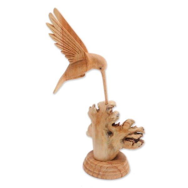 Alternate image for Jempinis Wood Hummingbird Sculpture from Bali Feasting Hummingbird