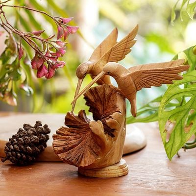 Alternate image for Hand Carved Jempinis Wood Hummingbird Sculpture from Bali Hummingbird Couple