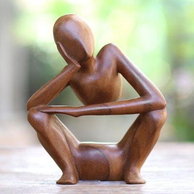 Alternate image for Hand Carved Suar Wood Statuette Thinking Posture
