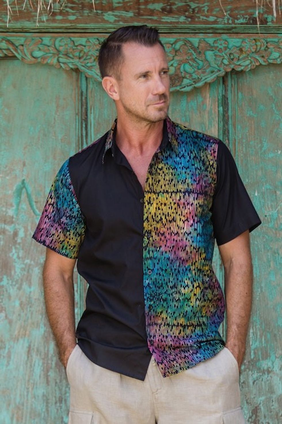 Men's Batik Cotton Shirt with Colorful Pattern from Bali 'Colorful Bridge'