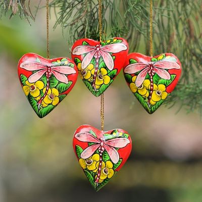 Alternate image for 4 Hand Painted Balinese Heart Ornaments with Dragonflies Dragonfly Love