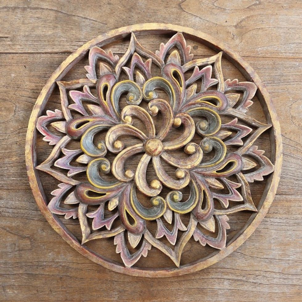 Hand Carved Suar Wood Floral Relief Panel 'Twilight Flower'