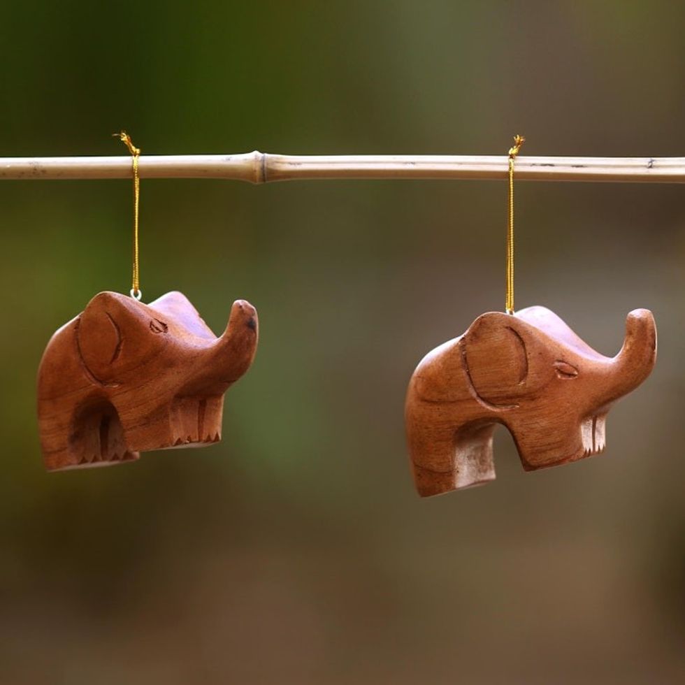 Hand Carved Petite Brown Elephant Wood Ornament Pair 'Little Brown Elephants'