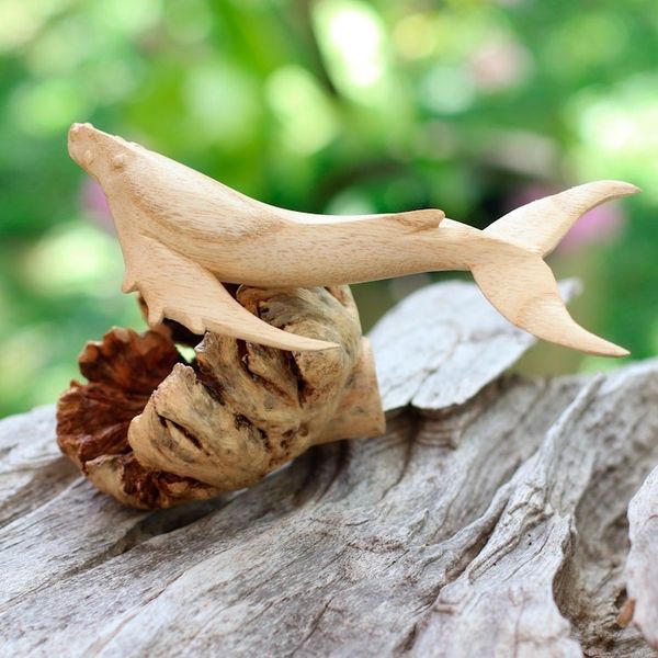 Alternate image for Hand Carved Wood Gray Whale Sculpture from Bali Elegant Gray Whale