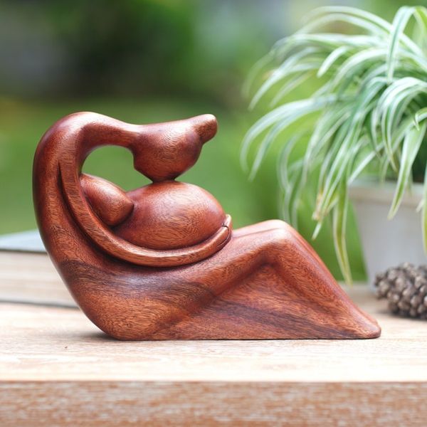 Alternate image for Hand-Carved Suar Wood Sculpture of Pregnant Woman Belly Kiss