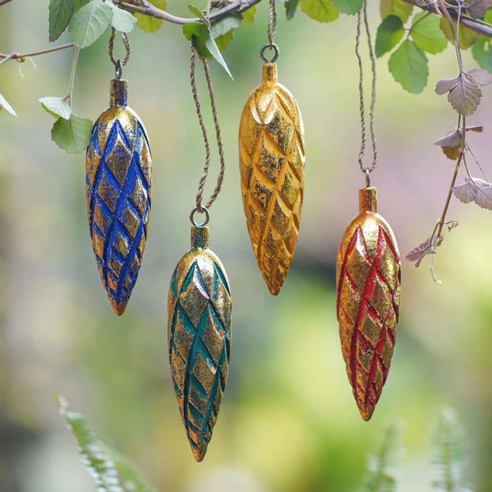 Four Handcrafted Gold Tone Albesia Wood Ornaments from Bali 'Golden Cones'